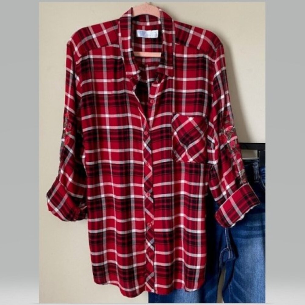 Red Long Sleeve Button Down Blouse with Embroidered Sleeves